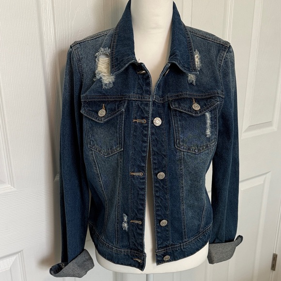 Wax Jean Jackets & Blazers - Vintage distressed Wax Jean Indigo Denim Jacket with Contrast Stitching Y2K✨